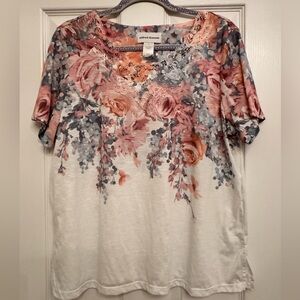 Alfred Dunner Floral Embelished Lace White Tee